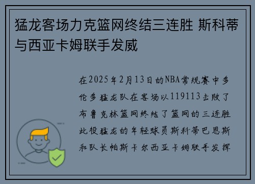 猛龙客场力克篮网终结三连胜 斯科蒂与西亚卡姆联手发威