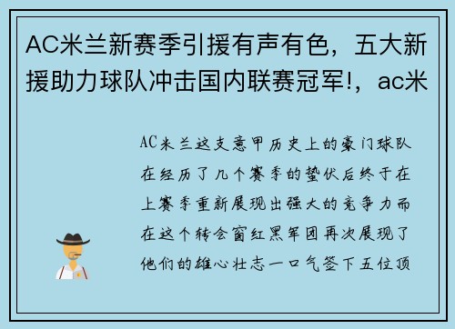 AC米兰新赛季引援有声有色，五大新援助力球队冲击国内联赛冠军!，ac米兰合作伙伴