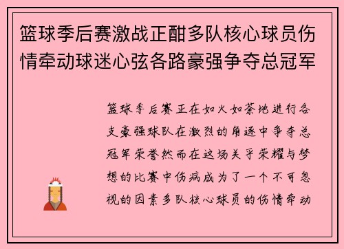 篮球季后赛激战正酣多队核心球员伤情牵动球迷心弦各路豪强争夺总冠军荣耀