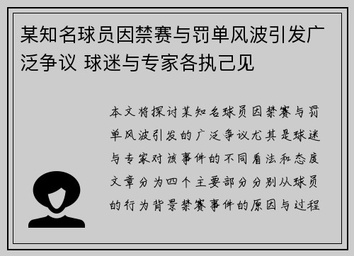 某知名球员因禁赛与罚单风波引发广泛争议 球迷与专家各执己见