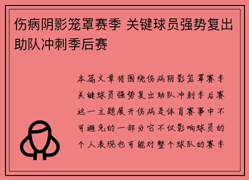 伤病阴影笼罩赛季 关键球员强势复出助队冲刺季后赛