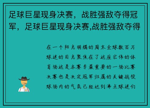 足球巨星现身决赛，战胜强敌夺得冠军，足球巨星现身决赛,战胜强敌夺得冠军的是谁