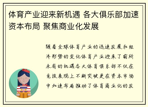 体育产业迎来新机遇 各大俱乐部加速资本布局 聚焦商业化发展