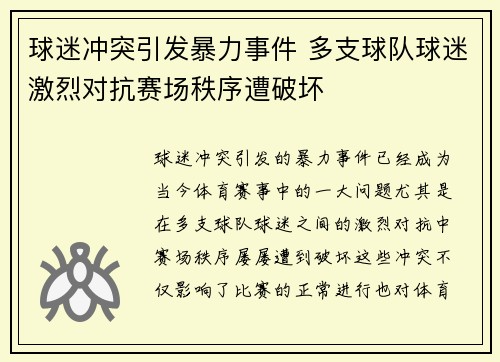 球迷冲突引发暴力事件 多支球队球迷激烈对抗赛场秩序遭破坏